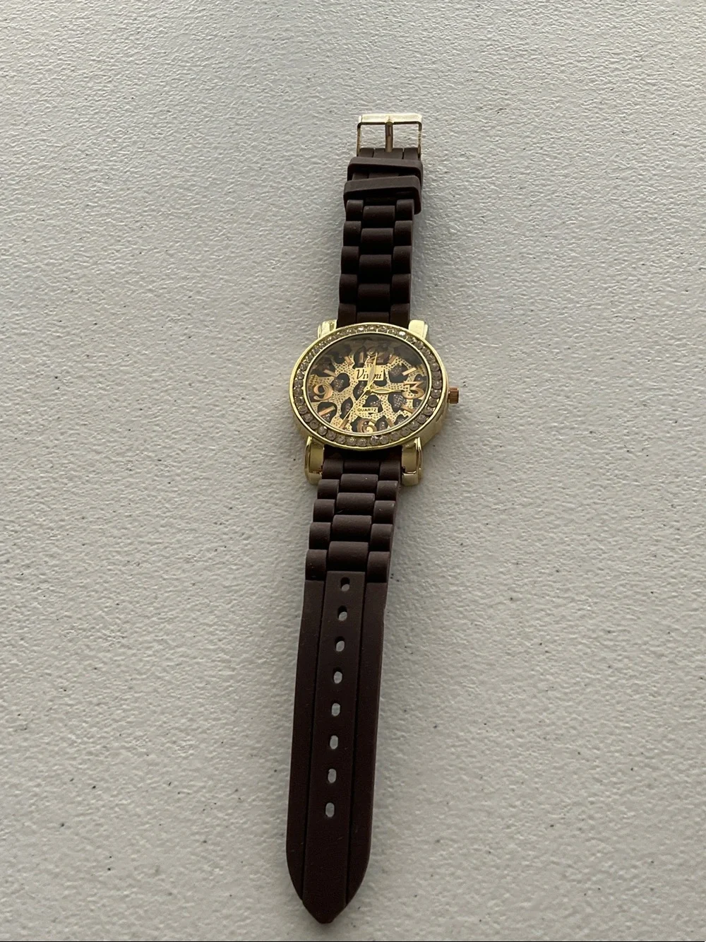 Vivani Gold Face Brown Silicone Leopard Print Watch